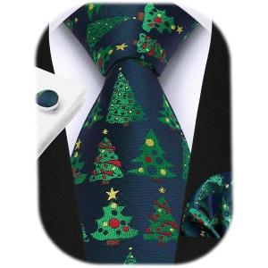 imageHISDERN Christmas Ties for Men Festival Xmas Silk Necktie Holiday Vocation Funny Tie Pocket Square Cufflinks SetGreen Xmas Trees