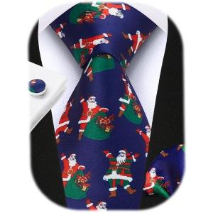 imageHISDERN Christmas Ties for Men Festival Xmas Silk Necktie Holiday Vocation Funny Tie Pocket Square Cufflinks SetNavy Blue Santa Claus