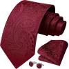 imageHISDERN Ties for Men Paisley Floral Mens Ties and Pocket Square Cufflinks Set Classic Business Necktie HandkerchiefAburgundy