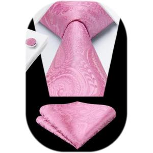 imageHISDERN Ties for Men Paisley Floral Mens Ties and Pocket Square Cufflinks Set Classic Business Necktie HandkerchiefA1pink1