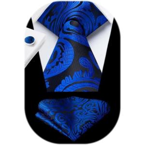 imageHISDERN Ties for Men Paisley Floral Mens Ties and Pocket Square Cufflinks Set Classic Business Necktie HandkerchiefA1royal Blue