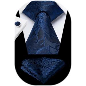 imageHISDERN Ties for Men Paisley Floral Mens Ties and Pocket Square Cufflinks Set Classic Business Necktie HandkerchiefA2navy Blue