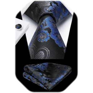 imageHISDERN Ties for Men Paisley Floral Mens Ties and Pocket Square Cufflinks Set Classic Business Necktie HandkerchiefA3navy Blue1