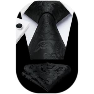 imageHISDERN Ties for Men Paisley Floral Mens Ties and Pocket Square Cufflinks Set Classic Business Necktie HandkerchiefAblack
