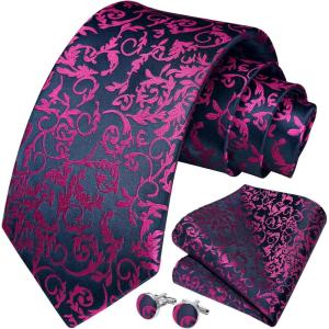 imageHISDERN Ties for Men Paisley Floral Mens Ties and Pocket Square Cufflinks Set Classic Business Necktie HandkerchiefD2navy Blue  Purple Pink
