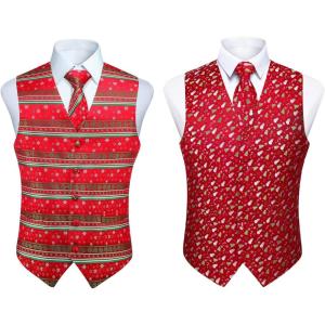 imageHISDERN 2PCS Mens Suit Vest Christmas Jacquard Waistcoats Necktie Pocket Square Vest Suit Set