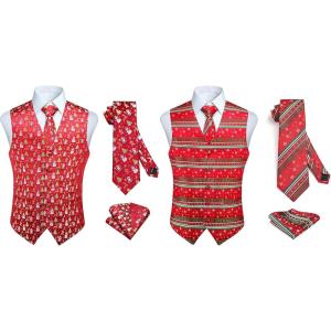 imageHISDERN 3pc Christmas Vest Set for Men Red Christmas Snowflake Holiday Vest Santa Waistcoats Necktie Pocket Square Dress Suit Vest Mens Tie Set for Party