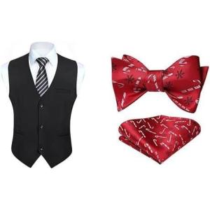 imageHISDERN Black Dress Suit Vests for Men Business Formal Christmas Bow Ties for Men Self Tied Pocket Square Set