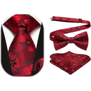 imageHISDERN Burgundy Tie Mens Floral Red BowTies Formal Handkerchief Tie Set Silk Woven Classic Maroon Necktie for Men Christmas Party