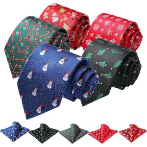 imageHISDERN Christmas Mens Ties Set 5PCS Holiday Festival Funny Tie and Pocket Square Set Vacation Xmas Gift Box Necktie SetT5s2