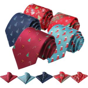 imageHISDERN Christmas Mens Ties Set 5PCS Holiday Festival Funny Tie and Pocket Square Set Vacation Xmas Gift Box Necktie SetT5s31