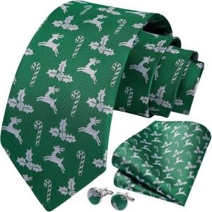 imageHISDERN Christmas Ties for Men Holiday Tie and Pocket Square Cufflinks Festival Party Xmas Funny Silk Woven NecktieCgreen  Deer and Candy Cane