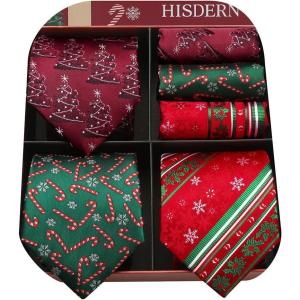 imageHISDERN Christmas Ties for Men Holiday Tie and Pocket Square Set Lot 3 PCS Tie Pack Gift Box Neckties ampamp HandkerchiefMulticolor
