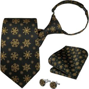 imageHISDERN Christmas Ties for Men Pretied Mens Holiday Silk Tie and Pocket Square Cufflinks Set Xmas Festive Funny NecktieClassic Blacksnowflake