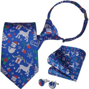 imageHISDERN Christmas Ties for Men Pretied Mens Holiday Silk Tie and Pocket Square Cufflinks Set Xmas Festive Funny NecktieFestive Bluexmas Collage