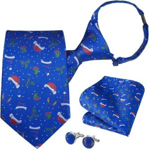 imageHISDERN Christmas Ties for Men Pretied Mens Holiday Silk Tie and Pocket Square Cufflinks Set Xmas Festive Funny NecktieFestive Bluexmas Hat Holly