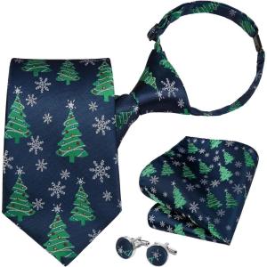 imageHISDERN Christmas Ties for Men Pretied Mens Holiday Silk Tie and Pocket Square Cufflinks Set Xmas Festive Funny NecktieFrosted Tealtree