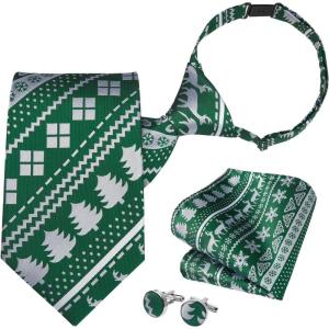 imageHISDERN Christmas Ties for Men Pretied Mens Holiday Silk Tie and Pocket Square Cufflinks Set Xmas Festive Funny NecktieGreen Medleyfestive Mix
