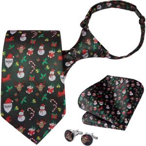 imageHISDERN Christmas Ties for Men Pretied Mens Holiday Silk Tie and Pocket Square Cufflinks Set Xmas Festive Funny NecktieGreen Medleyxmas Collage
