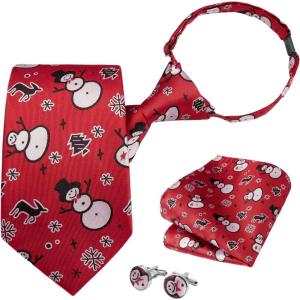 imageHISDERN Christmas Ties for Men Pretied Mens Holiday Silk Tie and Pocket Square Cufflinks Set Xmas Festive Funny NecktieRed Medleyjoyful Pattern