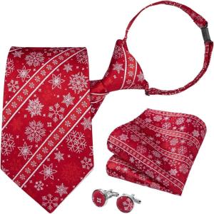 imageHISDERN Christmas Ties for Men Pretied Mens Holiday Silk Tie and Pocket Square Cufflinks Set Xmas Festive Funny NecktieRed Medleysnowflake