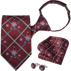 imageHISDERN Christmas Ties for Men Pretied Mens Holiday Silk Tie and Pocket Square Cufflinks Set Xmas Festive Funny NecktieRed Medleysnowflake Argyle