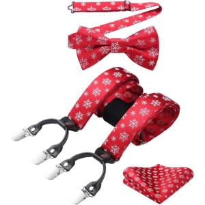 imageHISDERN Mens Christmas Bow Tie and Suspenders Holiday Festival Braces Y Shape Fun Santa Braces Handkerchief Pocket Square Set03red  White