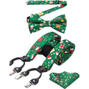 imageHISDERN Mens Christmas Bow Tie and Suspenders Holiday Festival Braces Y Shape Fun Santa Braces Handkerchief Pocket Square SetGreen  Red