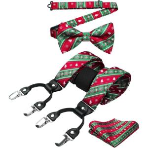 imageHISDERN Mens Christmas Bow Tie and Suspenders Holiday Festival Braces Y Shape Fun Santa Braces Handkerchief Pocket Square SetRed  Green