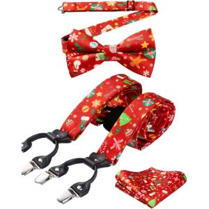 imageHISDERN Mens Christmas Bow Tie and Suspenders Holiday Festival Braces Y Shape Fun Santa Braces Handkerchief Pocket Square SetRed