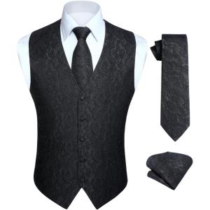 imageHISDERN V301 Mens 3PCS Formal Vest Set Slim Fit Jacquard Waistcoat with Paisley Floral Pattern for Wedding Prom PartyBlackN