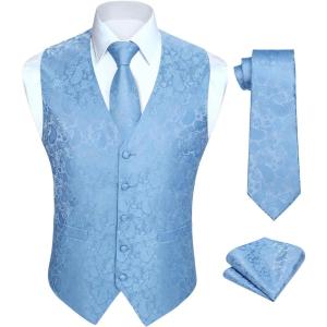 imageHISDERN V301 Mens 3PCS Formal Vest Set Slim Fit Jacquard Waistcoat with Paisley Floral Pattern for Wedding Prom PartyBlueN1
