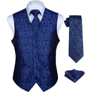 imageHISDERN V301 Mens 3PCS Formal Vest Set Slim Fit Jacquard Waistcoat with Paisley Floral Pattern for Wedding Prom PartyBlueN2
