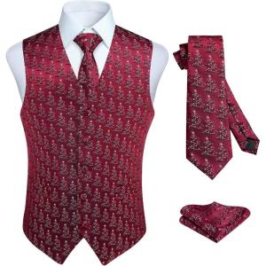 imageHISDERN V301 Mens 3PCS Formal Vest Set Slim Fit Jacquard Waistcoat with Paisley Floral Pattern for Wedding Prom PartyBurgundy  Black