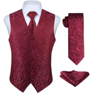 imageHISDERN V301 Mens 3PCS Formal Vest Set Slim Fit Jacquard Waistcoat with Paisley Floral Pattern for Wedding Prom PartyBurgundyN1