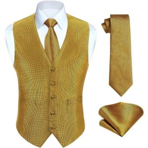 imageHISDERN V301 Mens 3PCS Formal Vest Set Slim Fit Jacquard Waistcoat with Paisley Floral Pattern for Wedding Prom PartyGoldN1