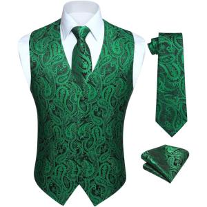 imageHISDERN V301 Mens 3PCS Formal Vest Set Slim Fit Jacquard Waistcoat with Paisley Floral Pattern for Wedding Prom PartyGreenN3