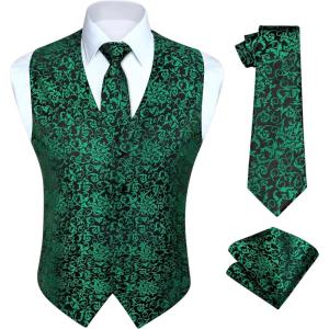 imageHISDERN V301 Mens 3PCS Formal Vest Set Slim Fit Jacquard Waistcoat with Paisley Floral Pattern for Wedding Prom PartyGreenN4