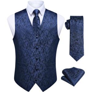 imageHISDERN V301 Mens 3PCS Formal Vest Set Slim Fit Jacquard Waistcoat with Paisley Floral Pattern for Wedding Prom PartyNavy BlueN2