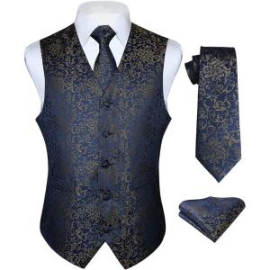imageHISDERN V301 Mens 3PCS Formal Vest Set Slim Fit Jacquard Waistcoat with Paisley Floral Pattern for Wedding Prom PartyNavyN