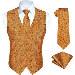 imageHISDERN V301 Mens 3PCS Formal Vest Set Slim Fit Jacquard Waistcoat with Paisley Floral Pattern for Wedding Prom PartyOrange 1