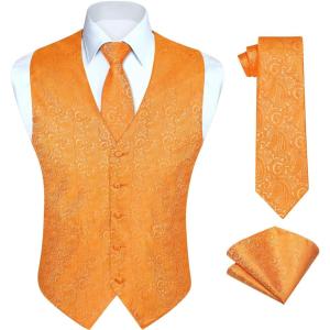 imageHISDERN V301 Mens 3PCS Formal Vest Set Slim Fit Jacquard Waistcoat with Paisley Floral Pattern for Wedding Prom PartyOrange Paisley
