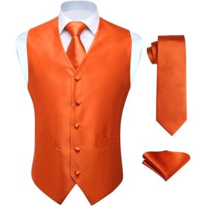 imageHISDERN V301 Mens 3PCS Formal Vest Set Slim Fit Jacquard Waistcoat with Paisley Floral Pattern for Wedding Prom PartyOrangeN1