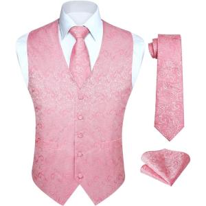 imageHISDERN V301 Mens 3PCS Formal Vest Set Slim Fit Jacquard Waistcoat with Paisley Floral Pattern for Wedding Prom PartyPinkN1