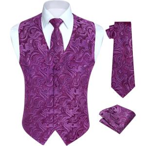 imageHISDERN V301 Mens 3PCS Formal Vest Set Slim Fit Jacquard Waistcoat with Paisley Floral Pattern for Wedding Prom PartyPurple