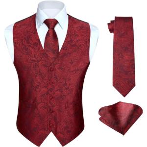 imageHISDERN V301 Mens 3PCS Formal Vest Set Slim Fit Jacquard Waistcoat with Paisley Floral Pattern for Wedding Prom PartyRedN2