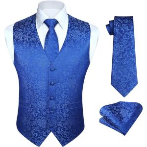 imageHISDERN V301 Mens 3PCS Formal Vest Set Slim Fit Jacquard Waistcoat with Paisley Floral Pattern for Wedding Prom PartyRoyal Blue