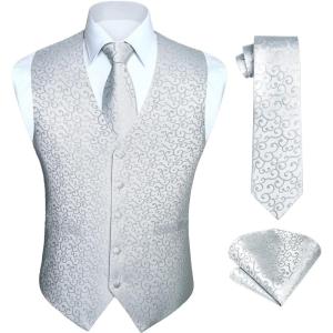 imageHISDERN V301 Mens 3PCS Formal Vest Set Slim Fit Jacquard Waistcoat with Paisley Floral Pattern for Wedding Prom PartyWhiteN