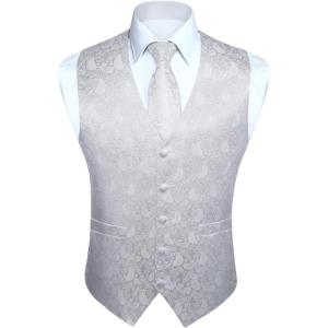 imageHISDERN V301 Mens 3PCS Formal Vest Set Slim Fit Jacquard Waistcoat with Paisley Floral Pattern for Wedding Prom PartyWhiteN1