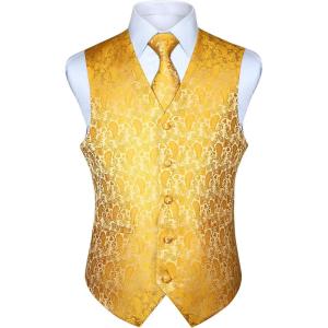 imageHISDERN V301 Mens 3PCS Formal Vest Set Slim Fit Jacquard Waistcoat with Paisley Floral Pattern for Wedding Prom PartyYellowN